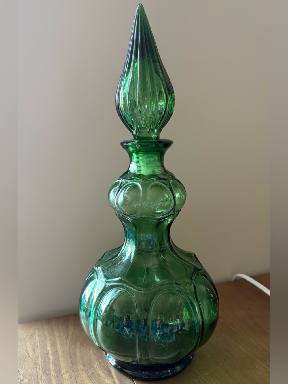 Vintage Empoli Green Glass Corset Genie Bottle Decanter with Stopper 14”
